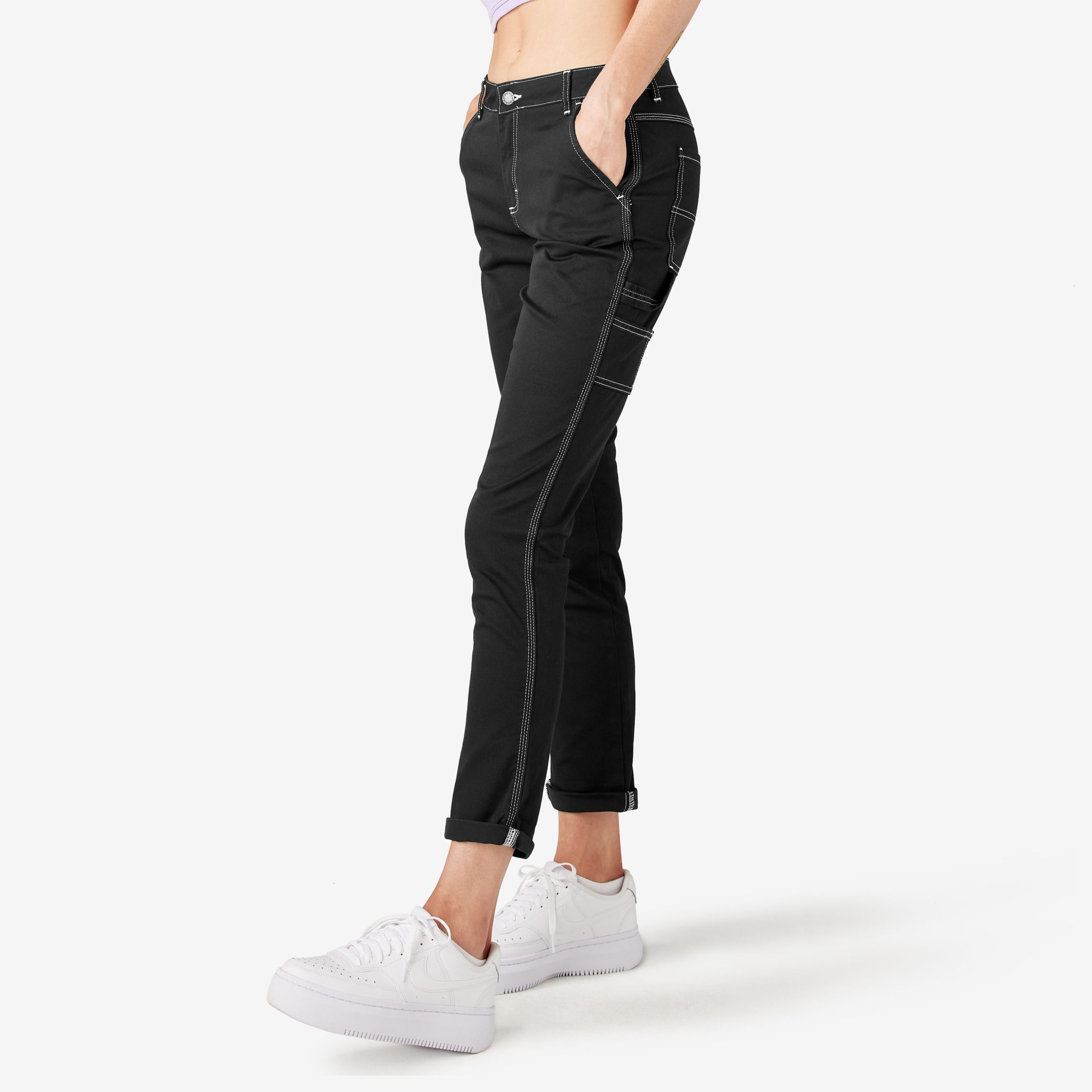 Women's Slim Straight Fit Roll Hem Carpenter Pants - Image 3